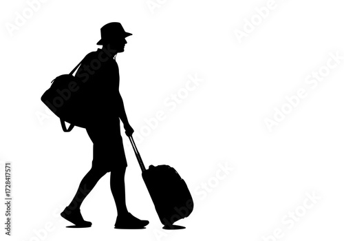 Vector art of silhouette of traveler with luggage walking