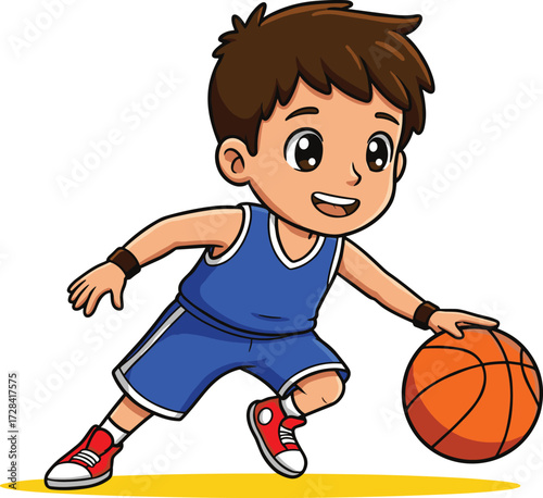 Smiling cartoon boy in blue basketball jersey, dribbling orange ball, sporty child character with red sneakers playing game on court illustration