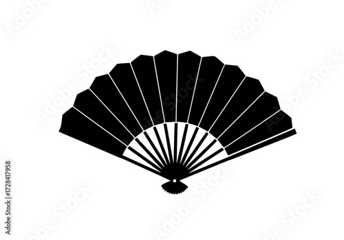 Vector art of vintage black and white hand fan with intricate design