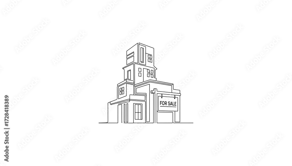 Obraz premium Modern architectural house design illustration with 'for sale' sign, minimalist real estate concept