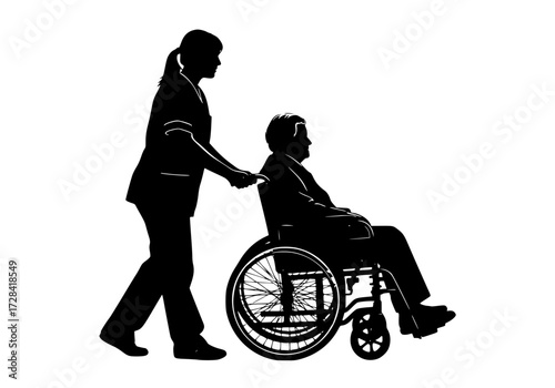 Vector art of silhouette of caregiver assisting elderly person in wheelchair, depicting support and mobility aid