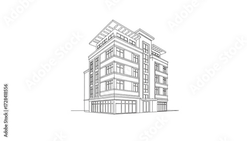 Elegant continuous line drawing of a multi-story building, showcasing minimalist architectural design with distinct windows and a structured facade on a clean white background