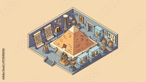 Isometric Vector Illustration of an Ancient Egyptian Museum Exhibit with Pyramid, Sarcophagus, and Historical Artifacts