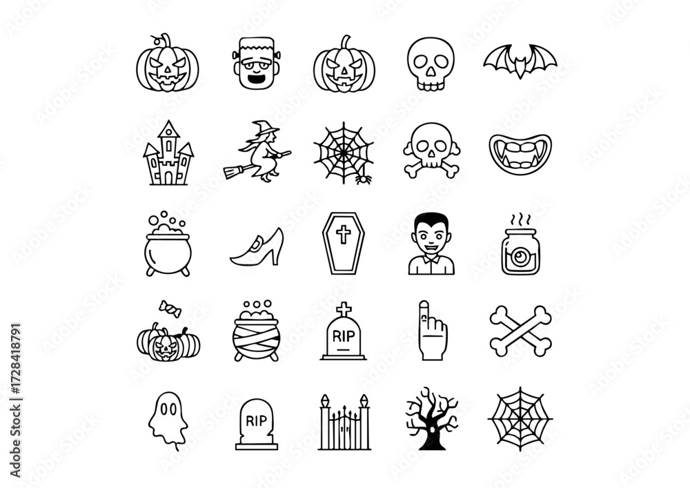 Fototapeta premium Spooky Collection: Black and White Halloween Vector Icons, Ultimate Pack of Scary Line Art Symbols (Black & White, Halloween Night: Essential Vector Icons