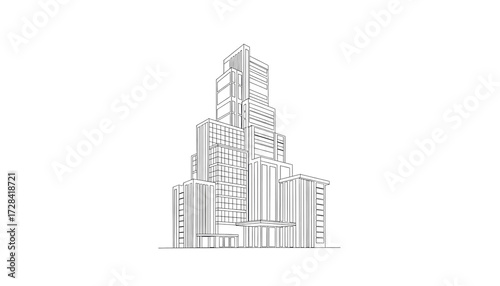 Clean and detailed architectural illustration of a modern city skyscraper, showcasing a towering commercial building in a minimalist line art style, perfect for urban development and corporate themes