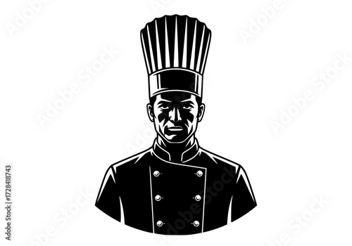 Vector art of black and white illustration of a chef in traditional uniform and hat