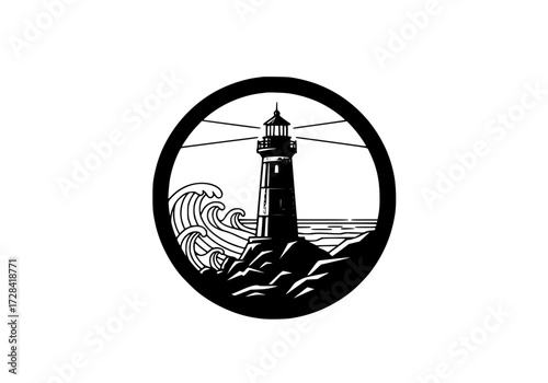 Vector art of vintage black and white lighthouse illustration with waves