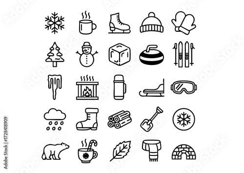 Winter Essentials Icon Set, Cozy Winter and Snow Activities, Seasonal Winter Symbols Collection