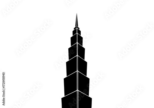Vector art of modern skyscraper silhouette with tiered design, sharp spire, and sleek architecture
