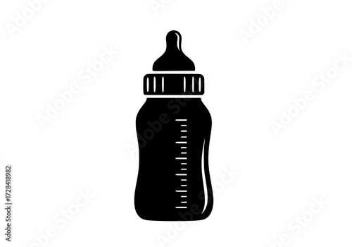 Vector art of black silhouette of baby bottle with measurement markings