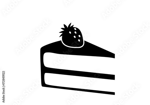 Vector art of delicious threelayer cake slice with fresh strawberry topping