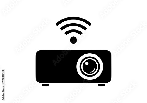Vector art of black and white projector icon with wireless signal symbol