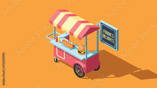 Isometric Food Cart Vector Illustration: 'Foodie's Delights' Stand with Hot Dog and Burger on Warm Orange Background