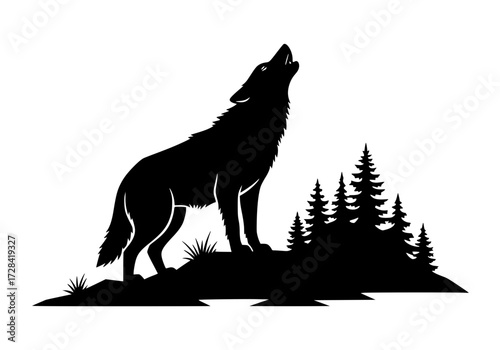 Vector art of silhouette of a wolf howling under forest trees against a moonlit sky