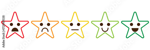 Customer feedback. Rating emoji set with stars. five star rating emoji icon set in black and colour. emoji feedback scale with star. rating emoji, icon, vector, rating, feedback, vector.