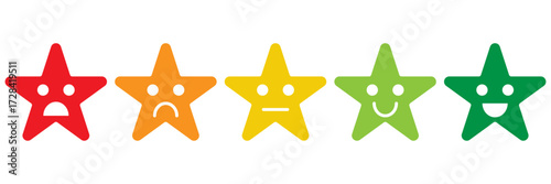 Customer feedback. Rating emoji set with stars. five star rating emoji icon set in black and colour. emoji feedback scale with star. rating emoji, icon, vector, rating, feedback, vector.