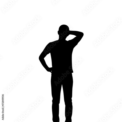 Vector art of silhouette of a person standing with hand behind head in thoughtful pose