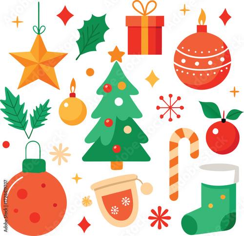 Vector art of a delightful arrangement of christmas symbols, including a star, ornaments, a tree, a gift, a stocking, candy canes, and holly, all presented on a clean