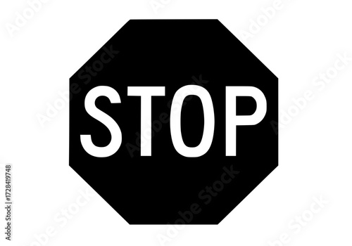 Vector art of octagonal black stop sign with bold white text