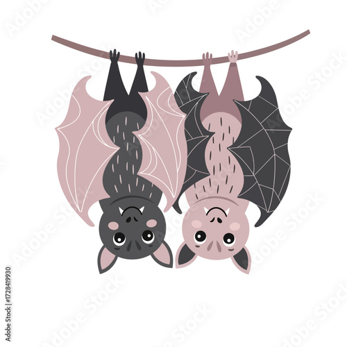 Two cute cartoon bats hanging upside down from a branch.
