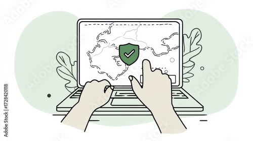 User interacting with a laptop showing a secure map for tracking online activity