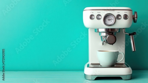 Vintage Style Coffee Machine with Blue Cup on a Bright Teal Background for a Cozy Morning Coffee Experience