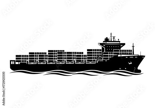 Vector art of black silhouette of large cargo ship with containers