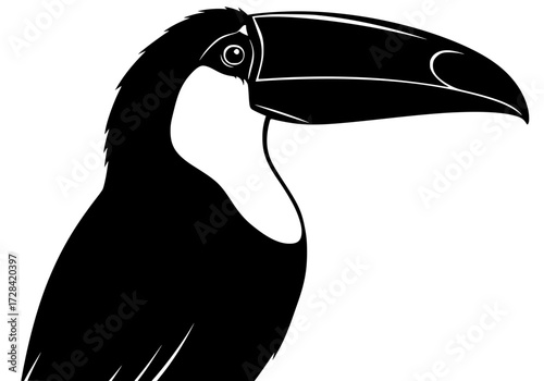 Vector art of black and white silhouette of a toucan bird head and beak