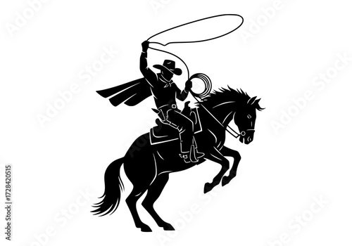 Vector art of cowboy on horseback twirling lasso in dynamic pose