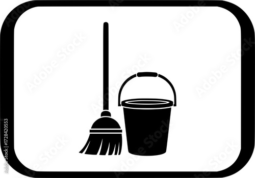 Vector art of black and white icon of broom and bucket for cleaning supplies