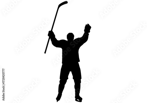 Vector art of silhouette of hockey player celebrating with stick raised