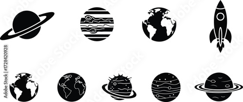 Collection of hand drawn space elements planets rocket and stars abstract artistic style