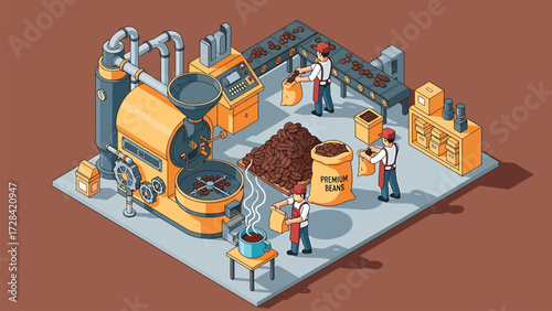 Vector Isometric View of a Gourmet Coffee Production Facility, Showcasing Artisan Roasting and Packaging Operations