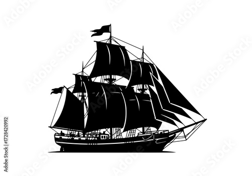 Vector art of vintage black and white illustration of a classic sailing ship with three masts