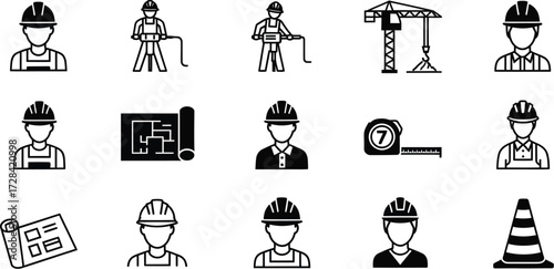 Construction worker icons set industrial building safety equipment and tools for architecture project