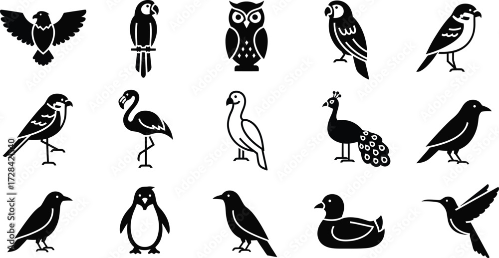Fototapeta premium Collection of diverse bird silhouettes artistically rendered for nature designs