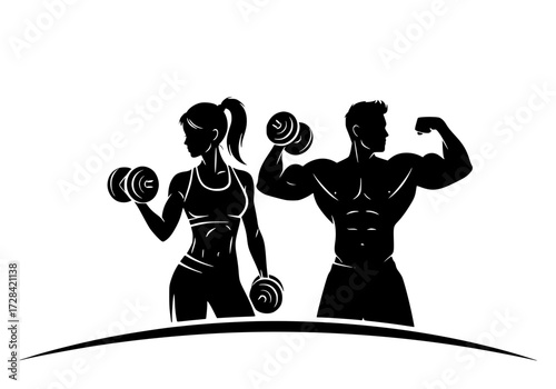 Vector art of silhouette of man and woman holding dumbbells in fitness pose, emphasizing strength and teamwork