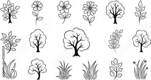 Collection of hand-drawn sketchy trees and floral elements for natural design projects
