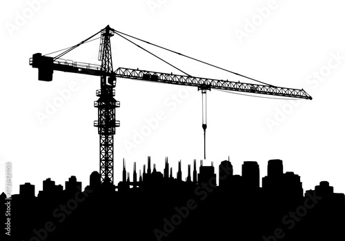 Vector art of silhouette of construction crane against urban skyline at sunset for city development project