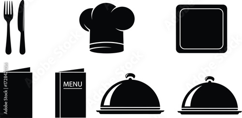 Set of restaurant icons featuring cutlery chef hat plate menu and cloches for catering services