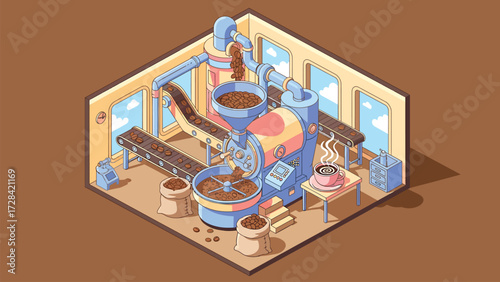 Isometric Vector Illustration of Coffee Roasting Factory Process with Conveyor Belts and Freshly Brewed Cup