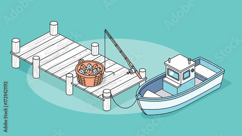 Isometric Fishing Day Scene Vector Illustration with Wooden Pier, Fishing Boat, and Basket of Fresh Fish on Turquoise Water