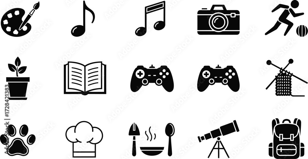 Fototapeta premium Collection of diverse hobby and activity icons vector art symbols for creative pursuits and pastimes