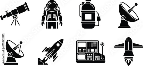 Cosmic exploration icons set astronaut rocket telescope satellite and spaceship collection