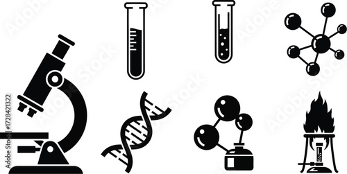 Collection of scientific icons microscope molecule test tubes and beakers for research and education