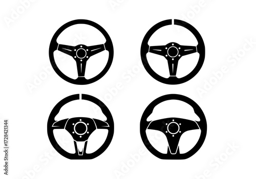 Vector art of four black steering wheels with sporty design