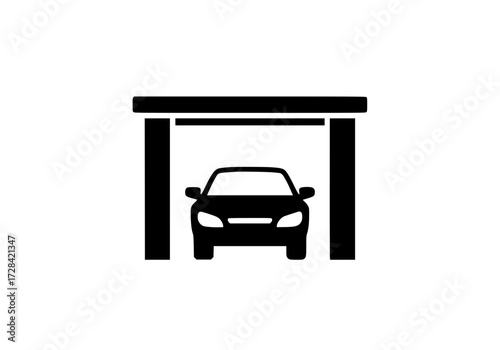 Vector art of black car parked inside garage structure icon