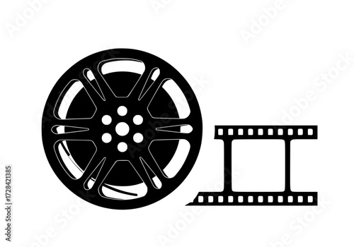 Vector art of black film reel and strip icon representing cinema and movie production elements