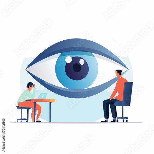 Big eye scrutinizes employee performance while manager sits nervously