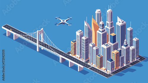 Futuristic Smart City Infrastructure with Drone Surveillance: Isometric Vector Illustration